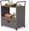 SOARS Carrello Bar in Rattan PE Tavolo Bar da Esterno con Ruote Ripiano Aperto Cassetto e Piano in Vetro Temperato Carrello di Servizio con Maniglie per Giardino Cortile Piscina 85 X 47 X 92 CM