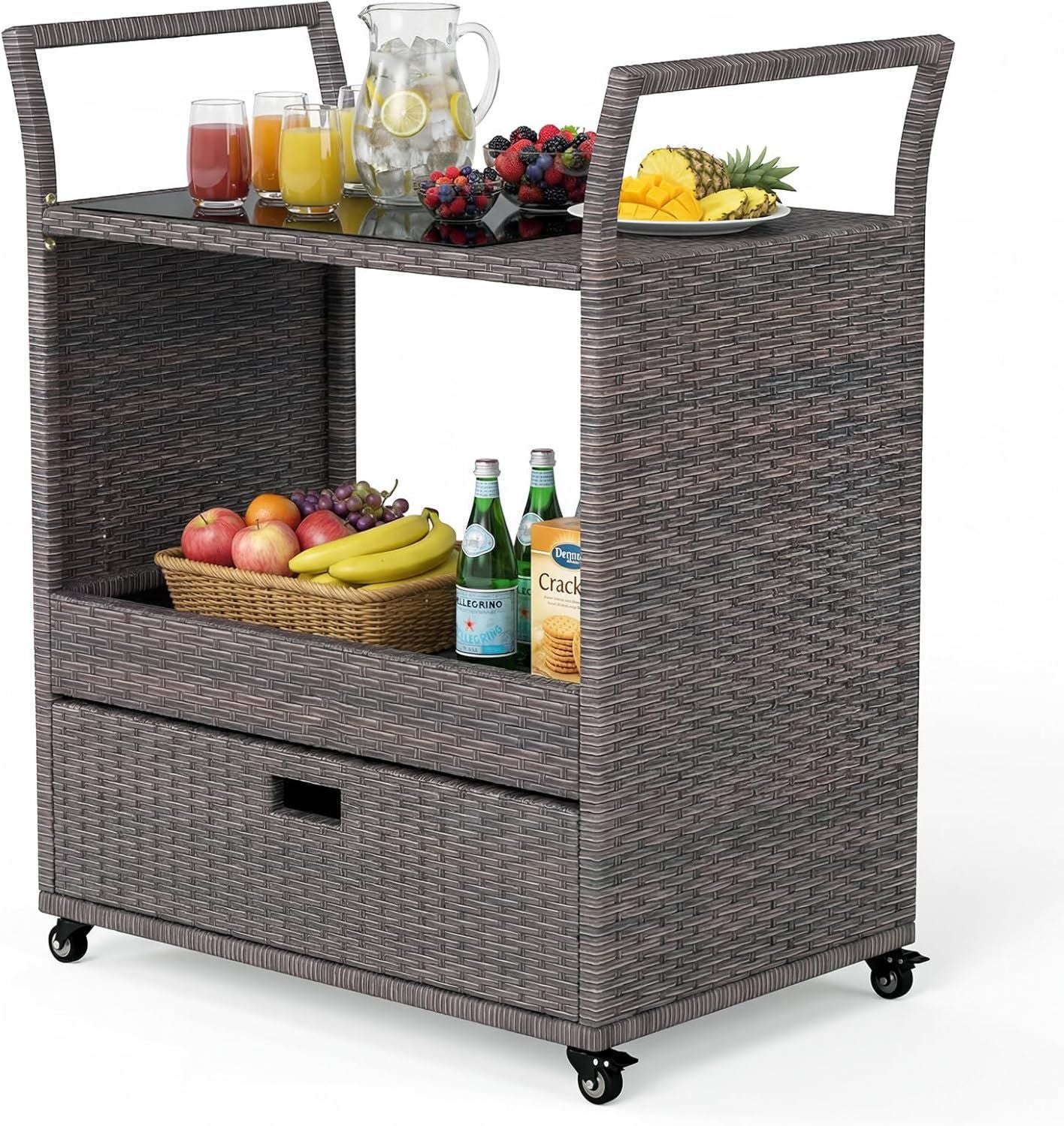 SOARS Carrello Bar in Rattan PE Tavolo Bar da Esterno con Ruote Ripiano Aperto Cassetto e Piano in Vetro Temperato Carrello di Servizio con Maniglie per Giardino Cortile Piscina 85 X 47 X 92 CM