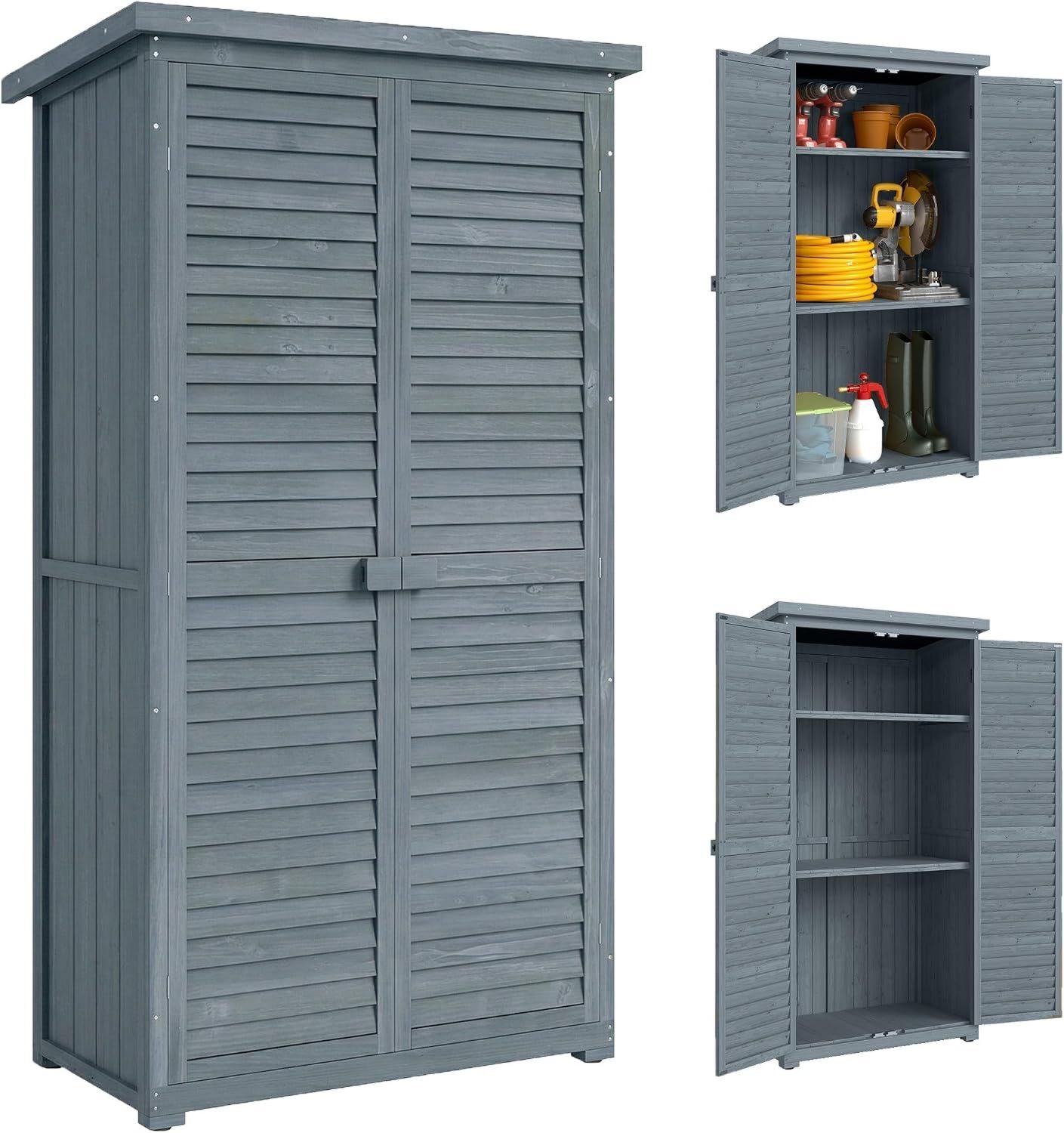 Armadio Outsunny da Giardino in di Abete Casetta Attrezzi Giardino Porte a Persiana Tetto Inclinato Asfalto 3 Ripiani Capanno Porta Attrezzi Bloccabile 87 x 46.5 x 160cm Legno Grigio